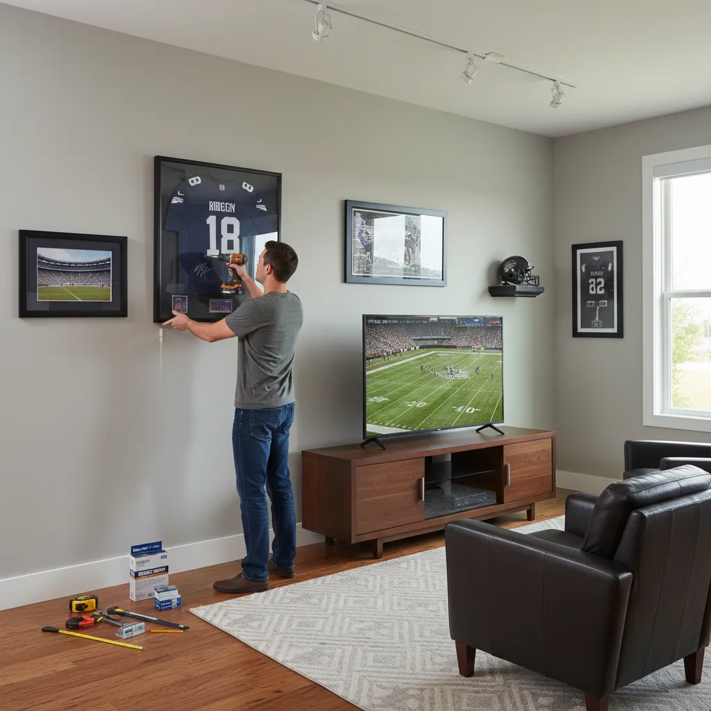 Installing heavy framed football wall art using drywall anchors