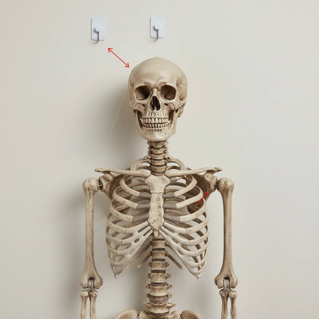 Using wall hooks and fishing line to secure skeleton decoration