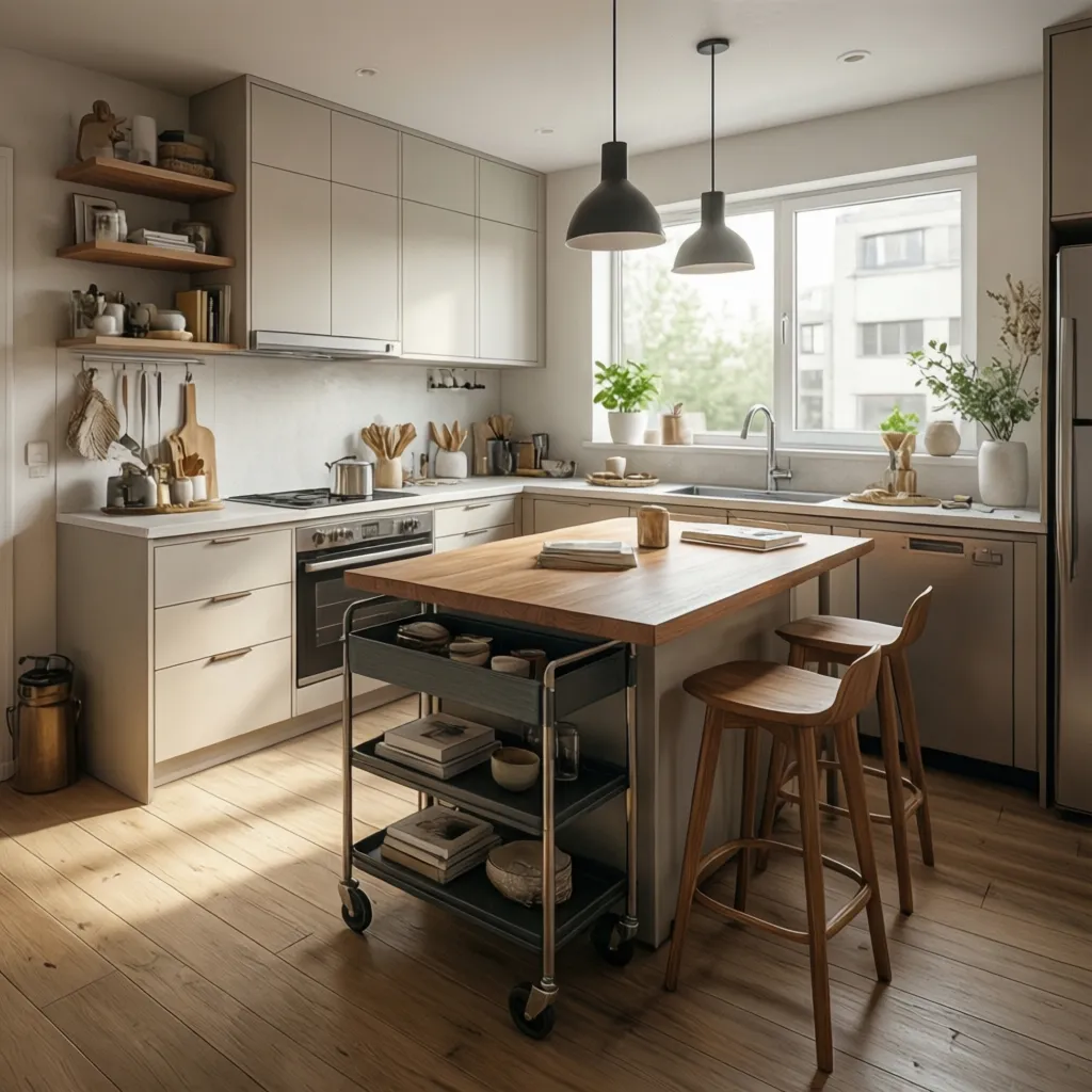 small kitchen with movable island cart for flexible layout