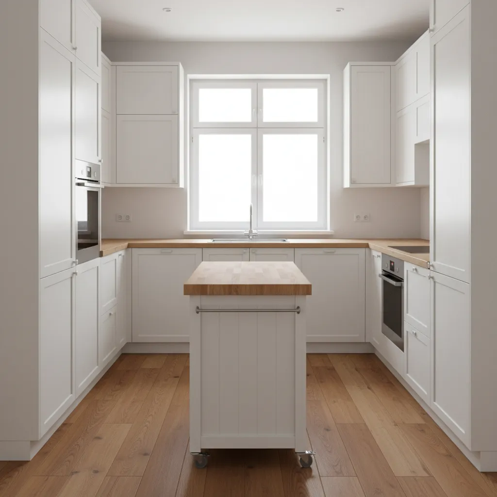 movable kitchen island cart in small L-shaped kitchen