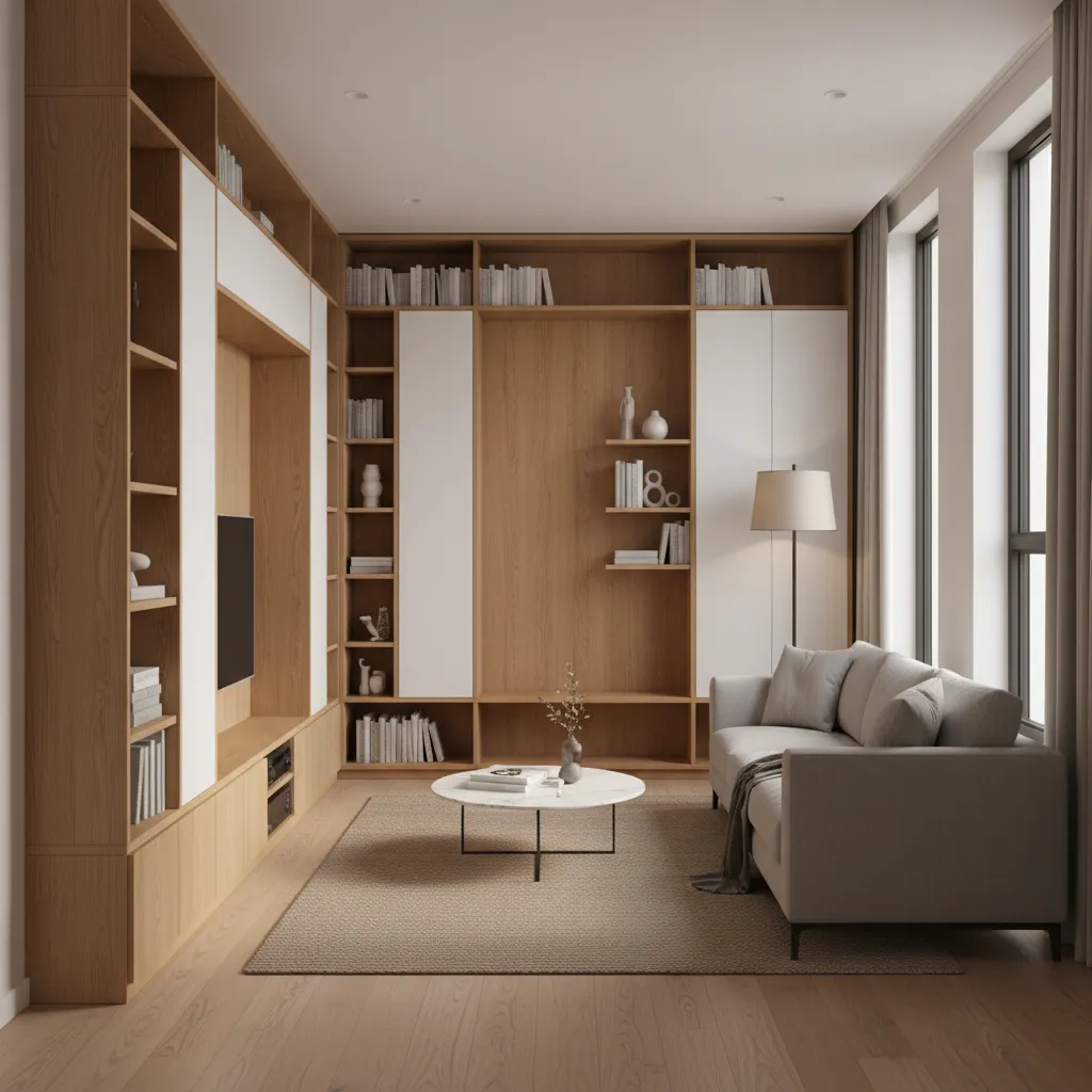 armarios planejados em sala compacta de casa estreita