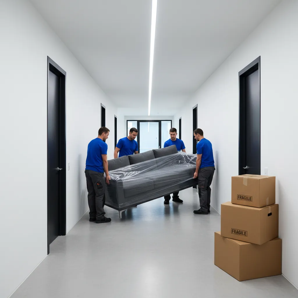 professional movers carrying sofa through long apartment hallway during move