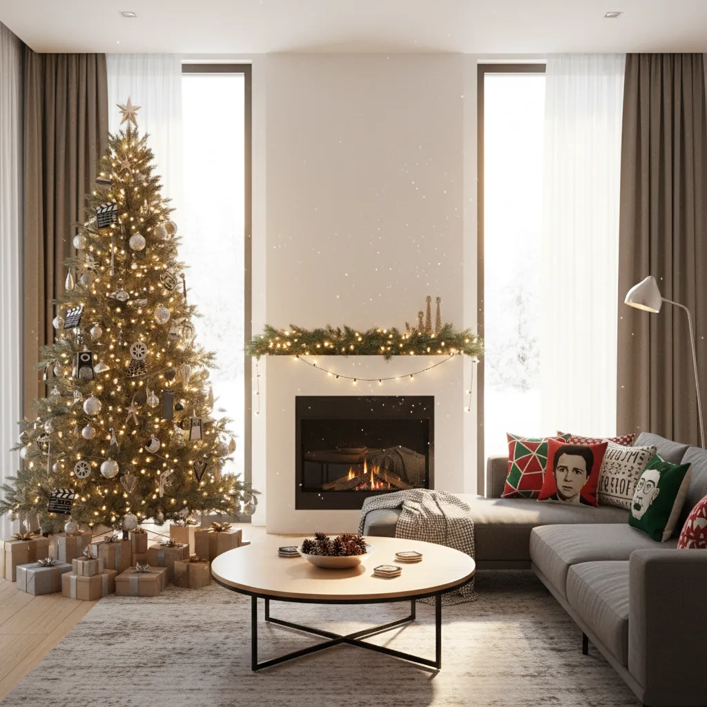 Living room decorated with film inspired holiday decorations and Christmas tree