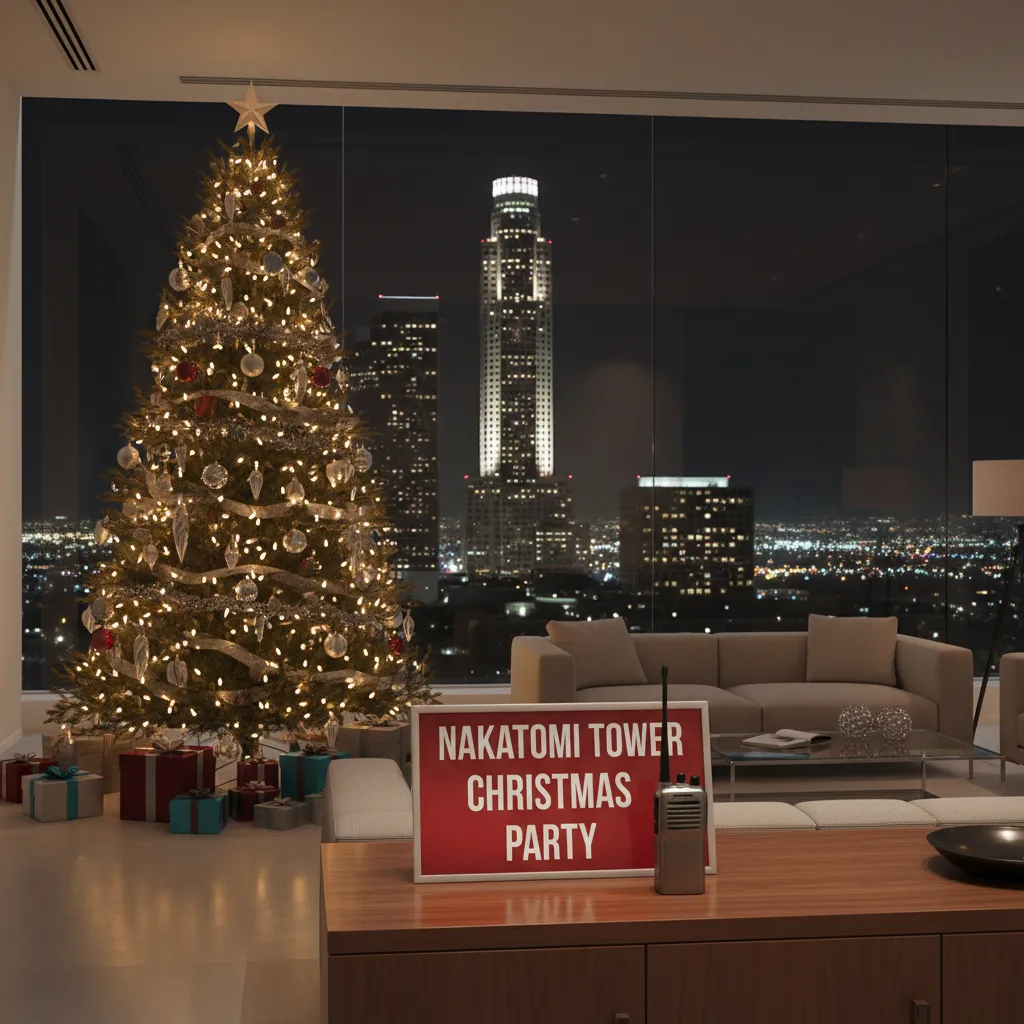 Layered layout of movie themed Christmas decor with foreground props and Nakatomi building backdrop