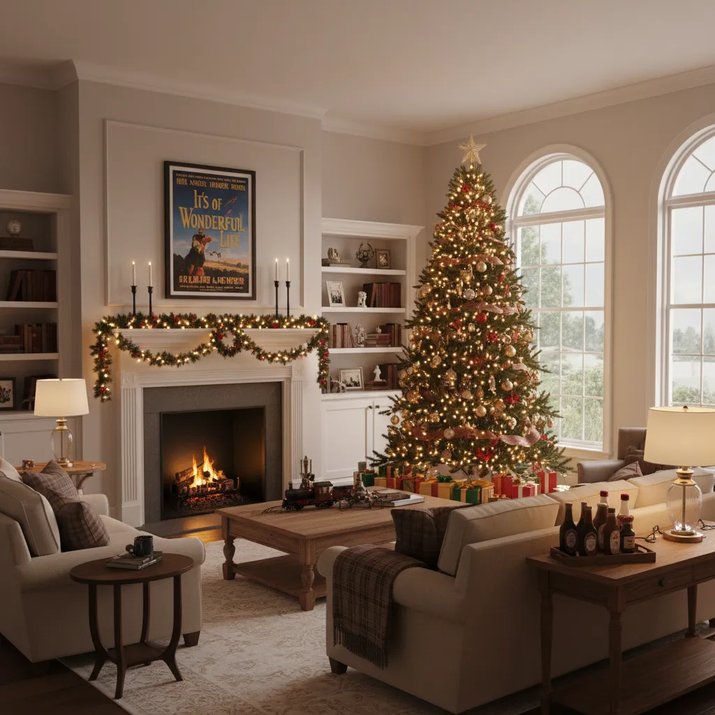 Home living room decorated with movie themed Christmas props and LED lighting