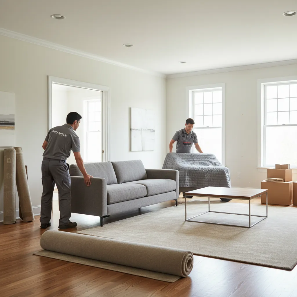 workers moving sofa and furniture out of living room before carpet installation