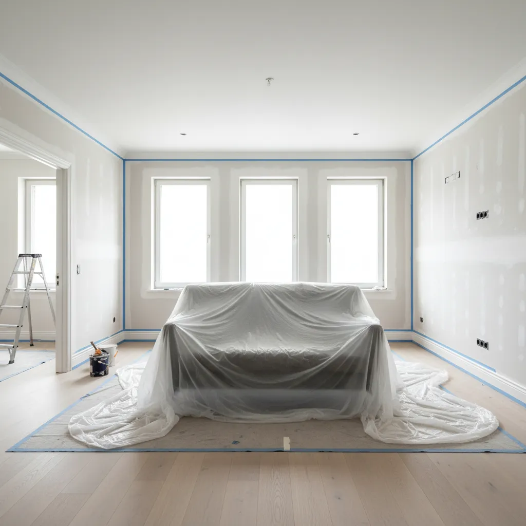 Living room with furniture moved away from walls before painting