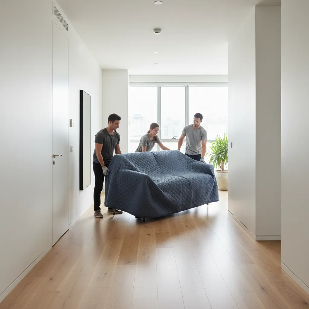 People carefully moving sofa through apartment doorway to avoid wall damage