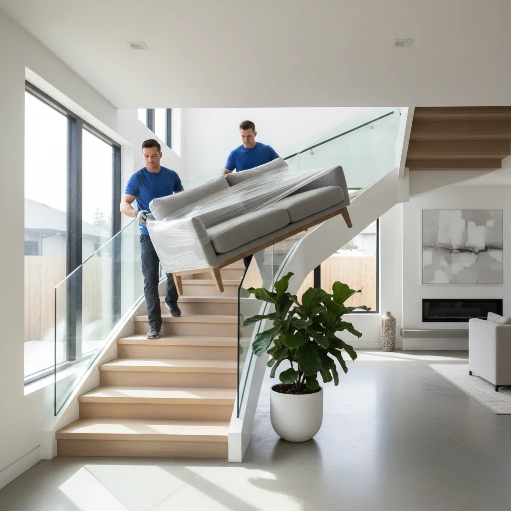 Two professional movers carrying a sofa down a staircase during a home move