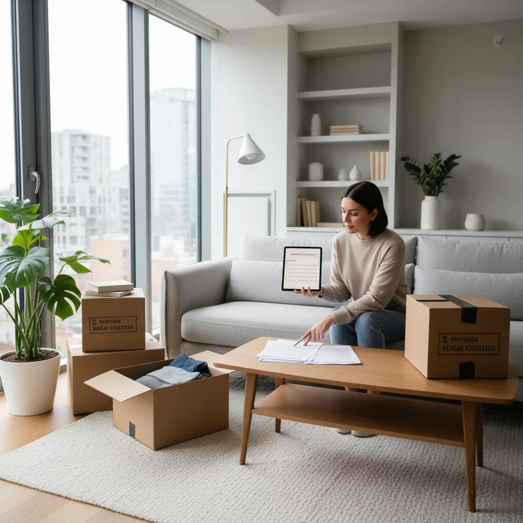 Tenant reviewing moving checklist and rental documents in apartment