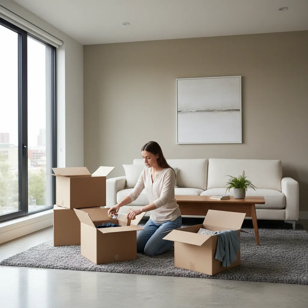 Tenant packing moving boxes in an apartment while preparing to move out