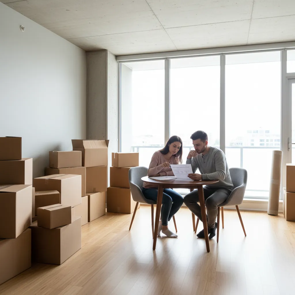 family reviewing moving quote in a living room full of packed boxes
