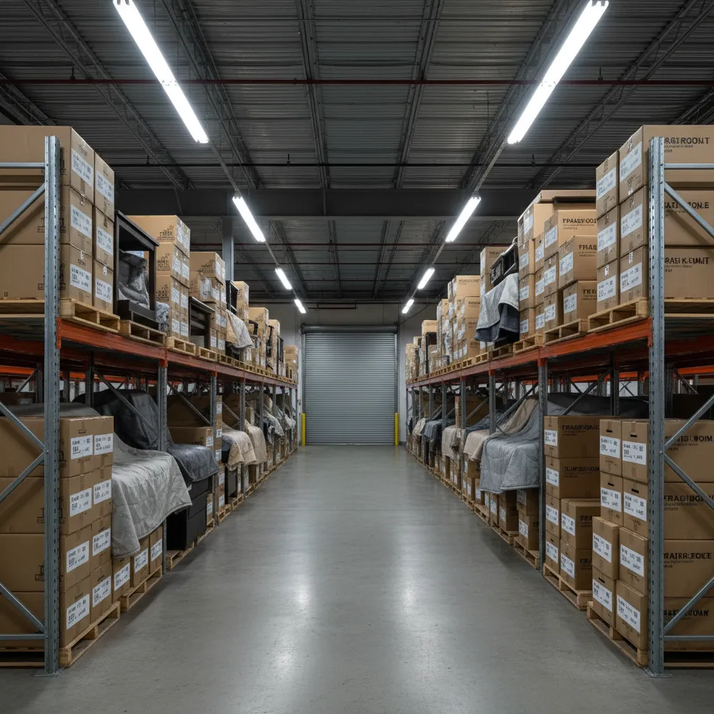rows of stored moving boxes inside a professional storage warehouse
