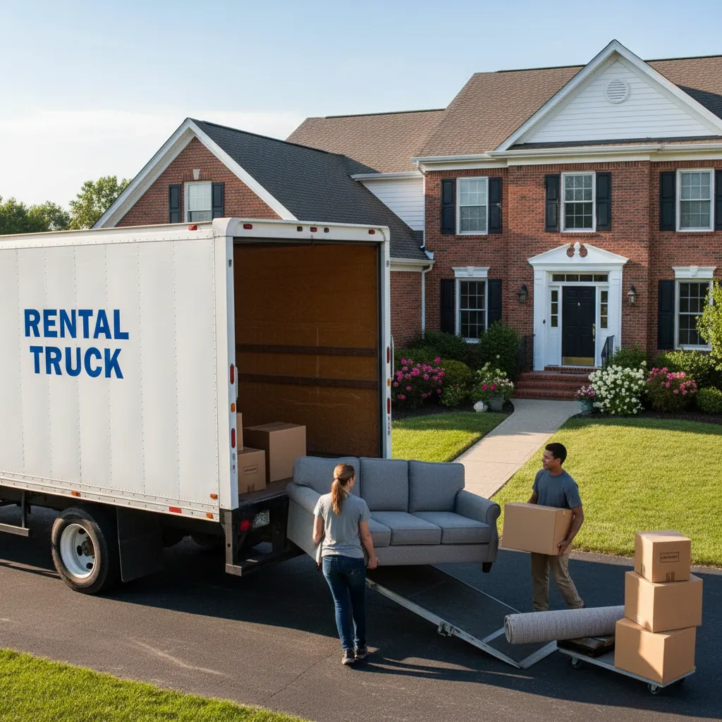 People loading furniture into a rented moving truck in a driveway
