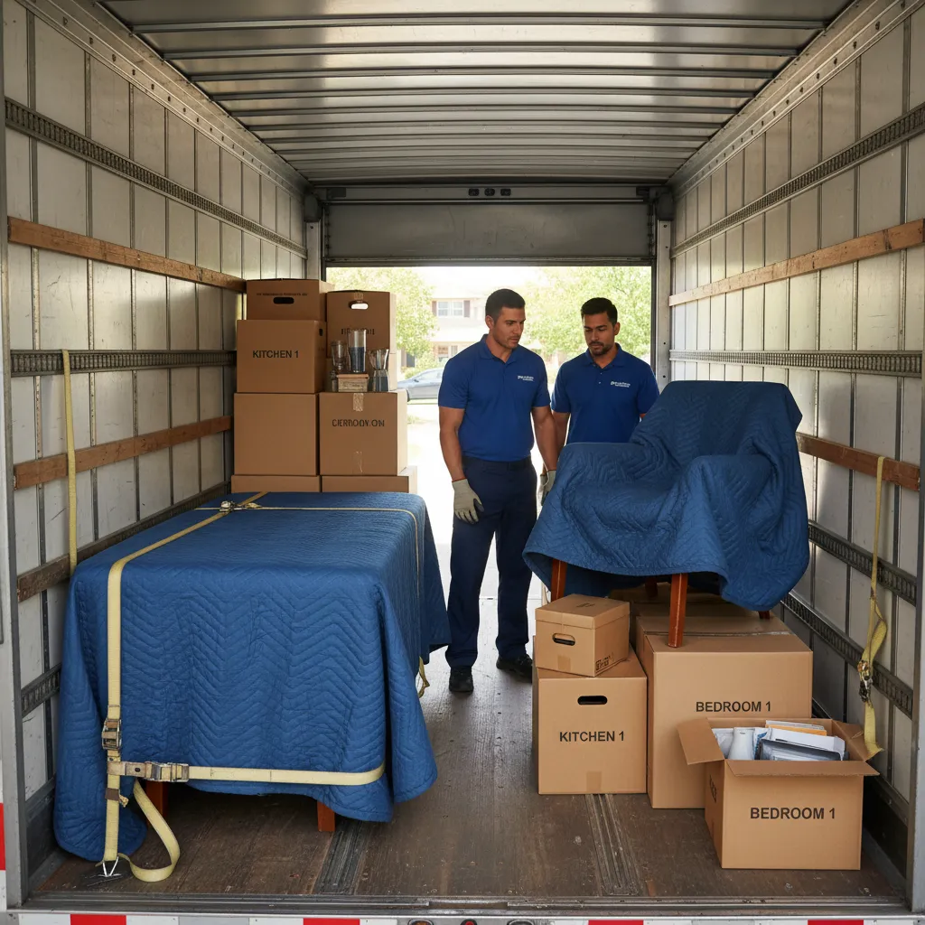 Professional movers carefully loading furniture into a moving truck with organized layout