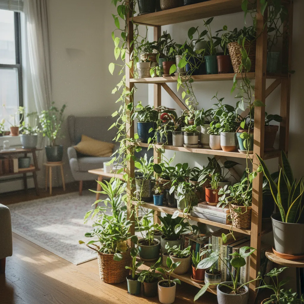 Wooden shelf filled with many small indoor plants in various ceramic and woven decorative pots