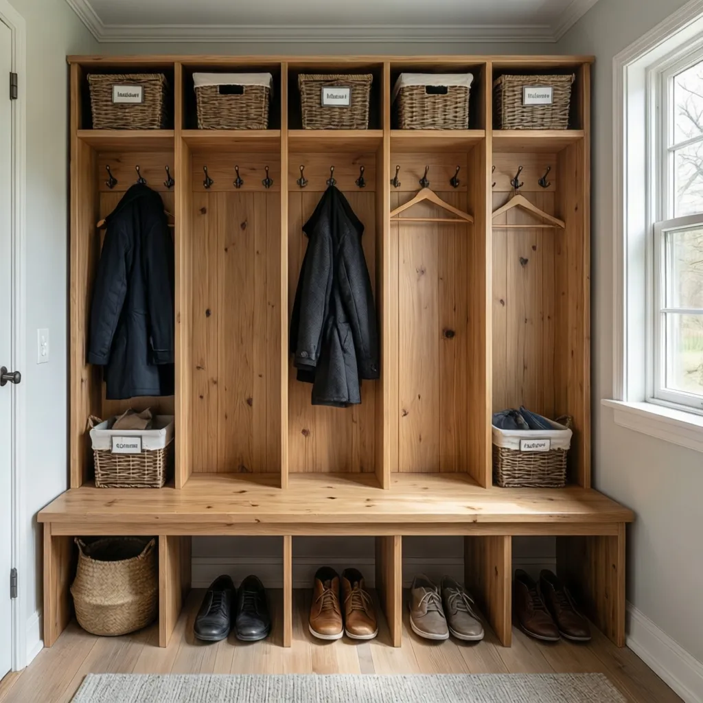 mudroom cubbies with bench hooks and organized family storage