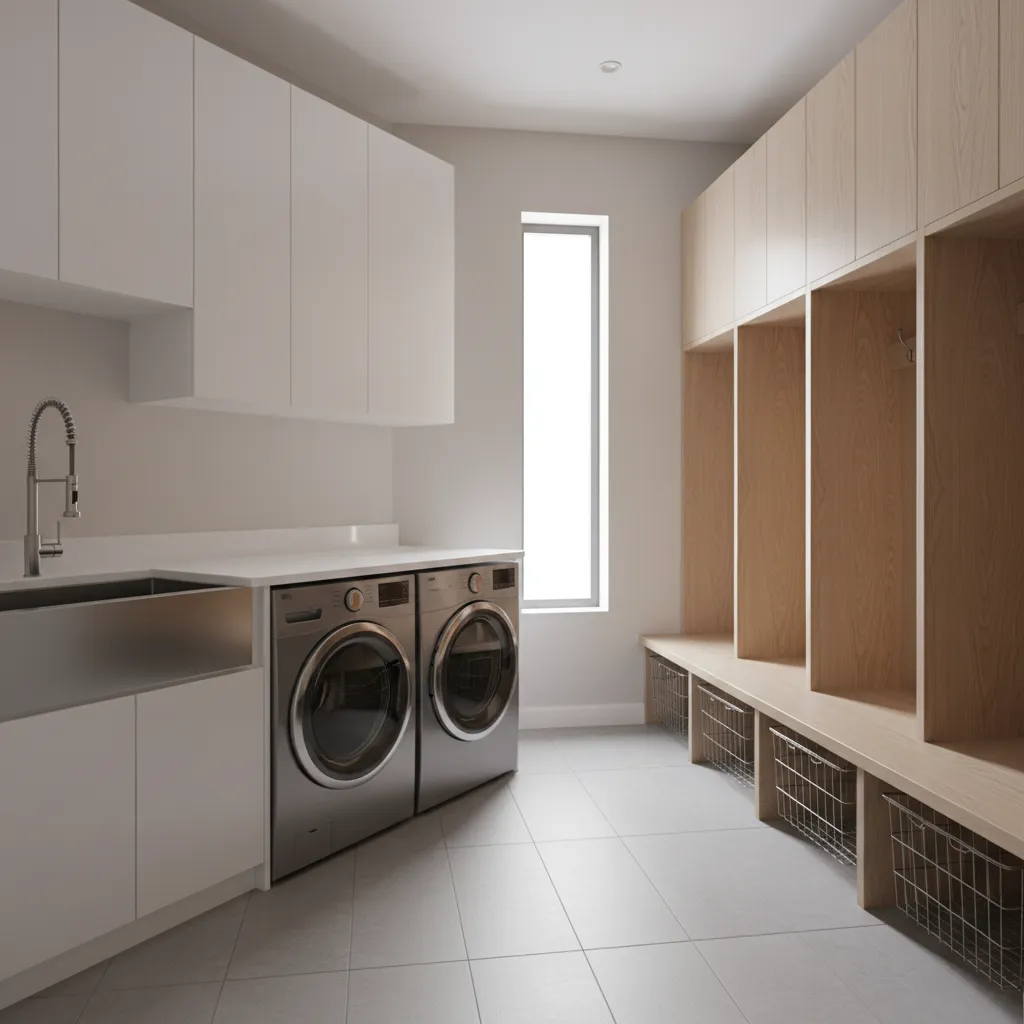 Mudroom with laundry machines and storage cabinets layout