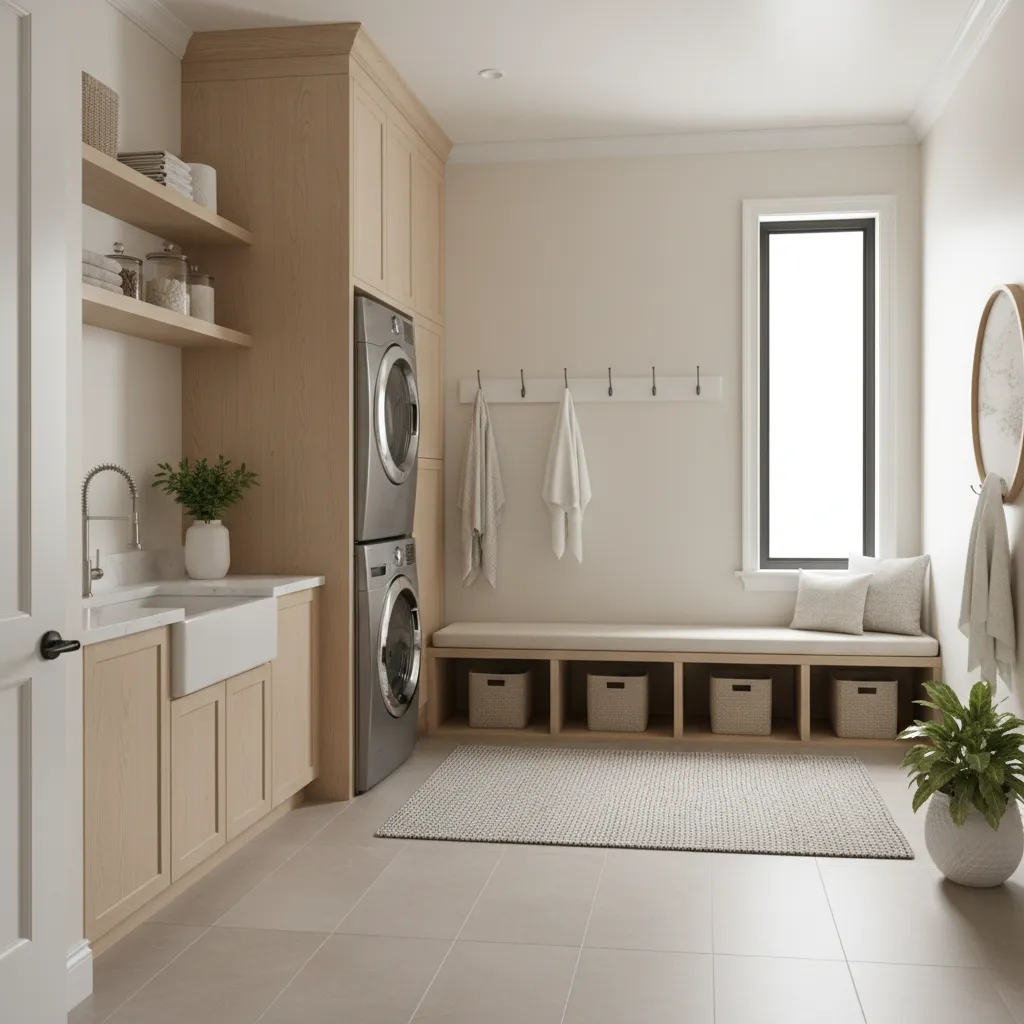 Porcelain tile flooring in a mudroom laundry room with bench and storage