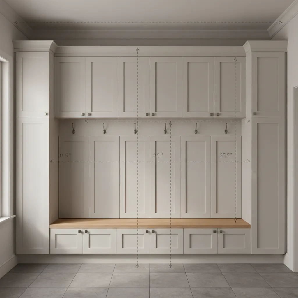 Mudroom locker dimension layout with bench and storage cubbies