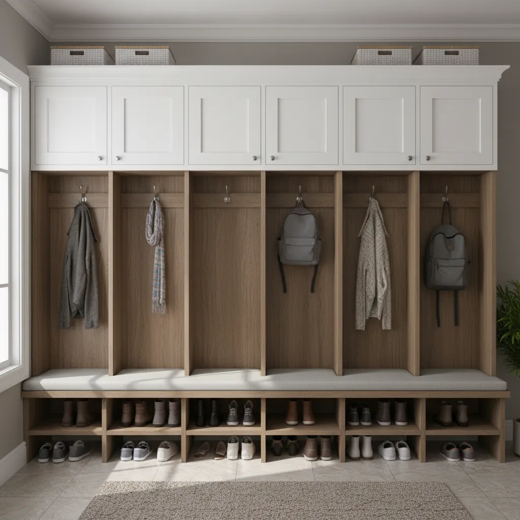Mudroom storage lockers with bench and shoe cubbies