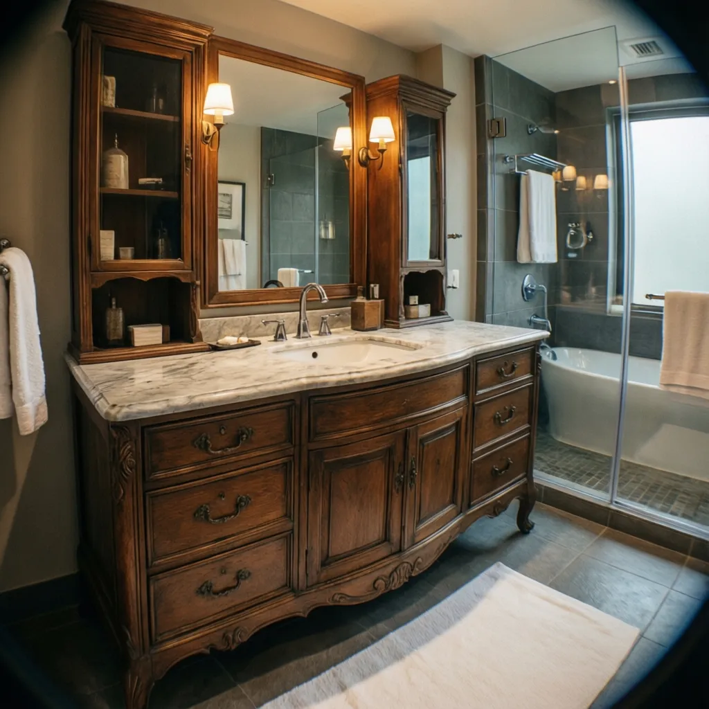 Classic wooden bathroom vanity with marble top double mirrors and wall lights in a bathroom