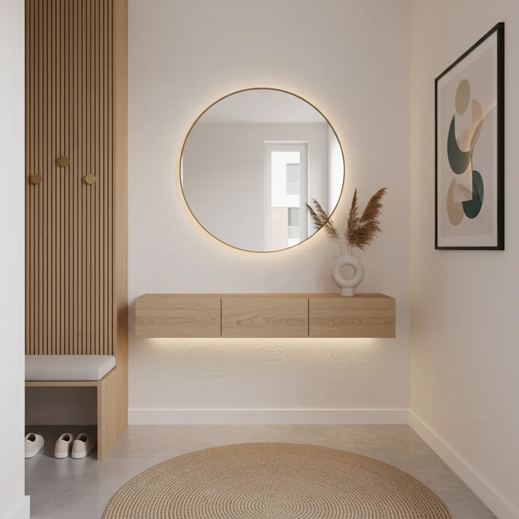 Small entryway with floating wooden cabinet, round lit mirror, wall panel, bench, and round rug