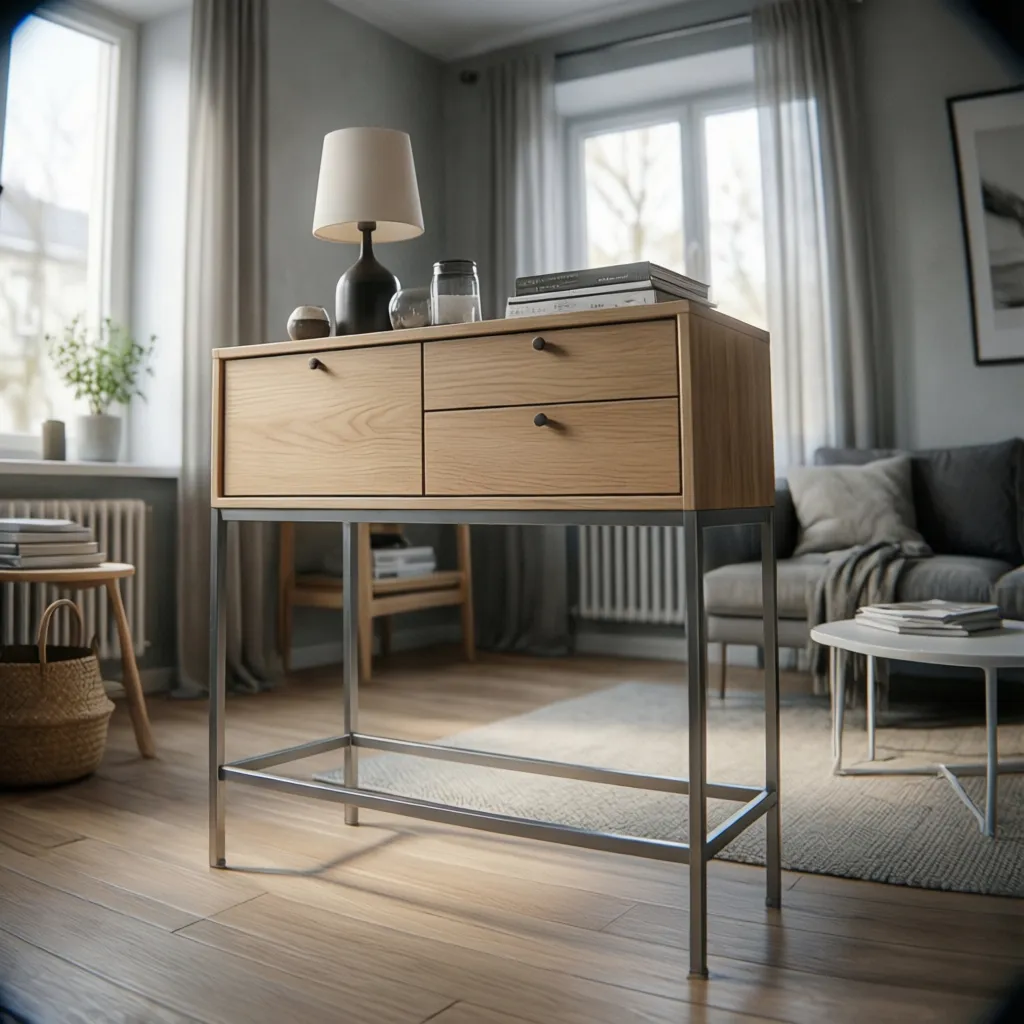 Mueble bajo estilo IKEA con patas metálicas modernas