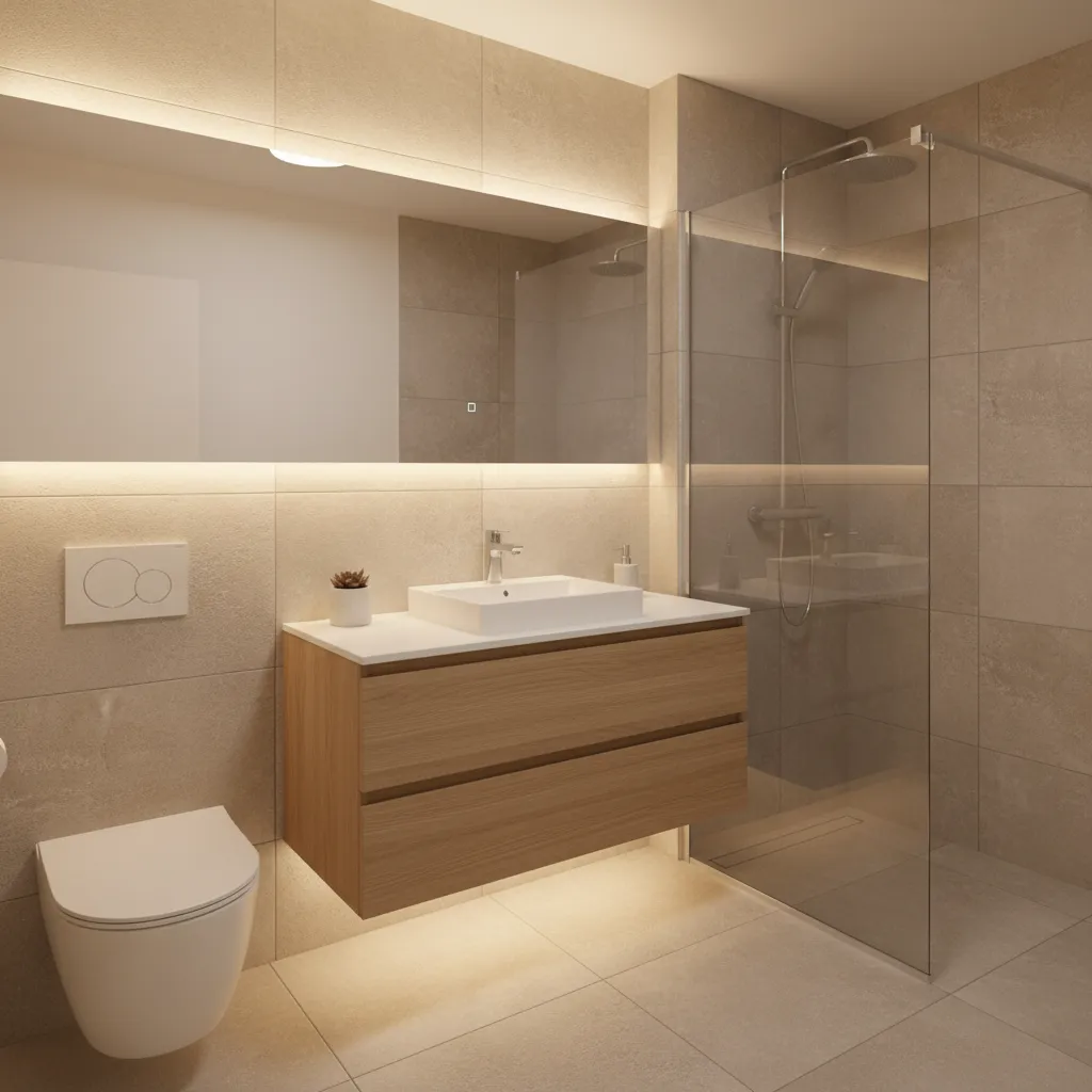 Baño pequeño con mueble suspendido y espejo grande