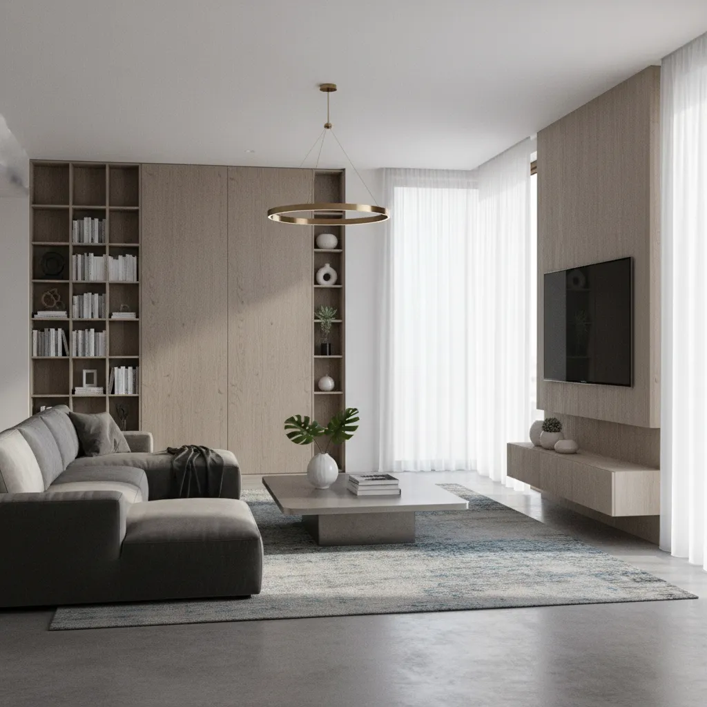 Modern living room with grey sofa wooden wall panel coffee table and gold ceiling light