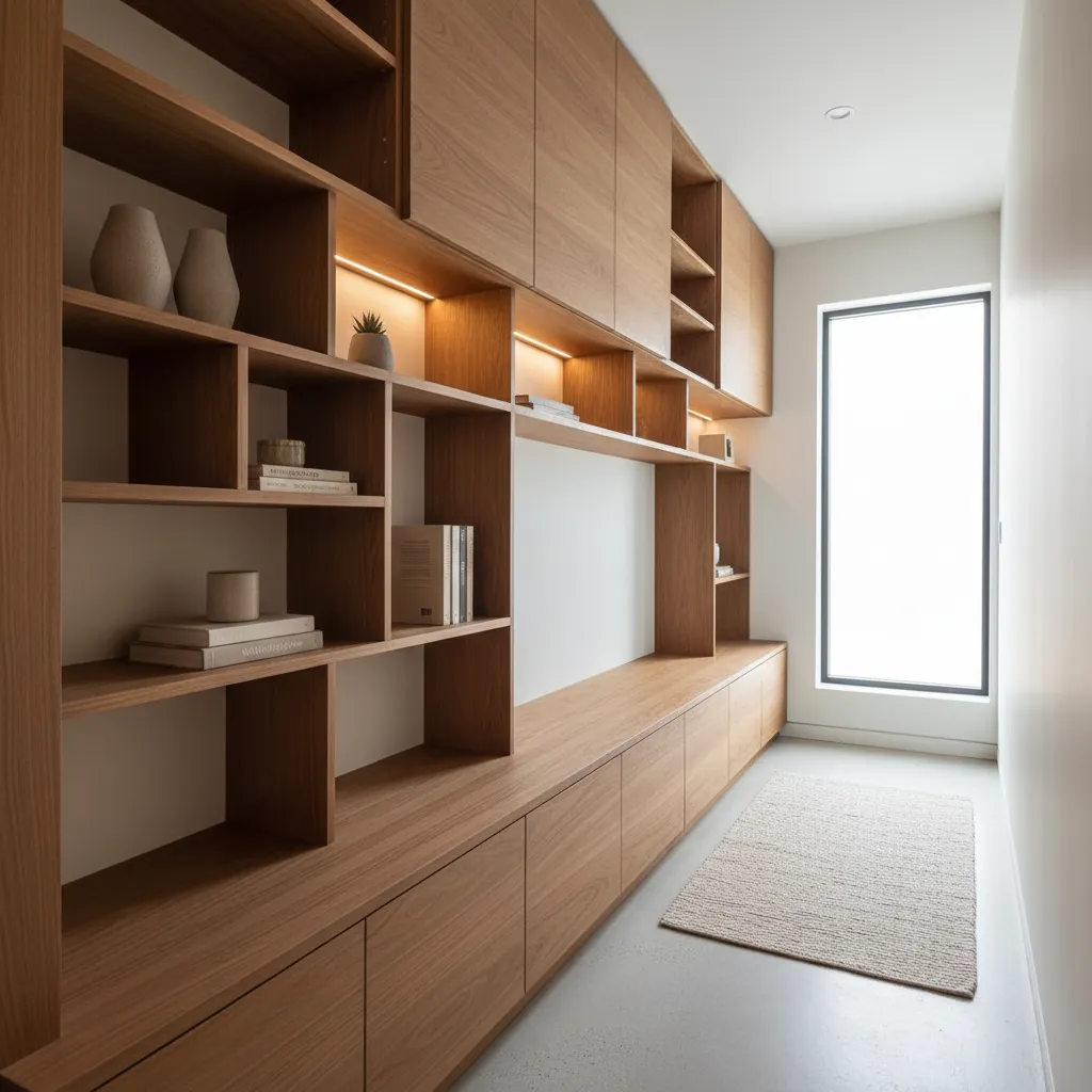 Muebles empotrados en pared larga de una casa estrecha