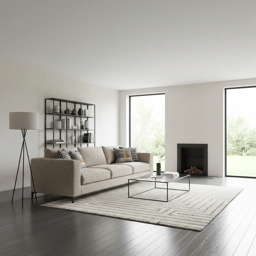 Salón con sofá beige y suelo gris oscuro