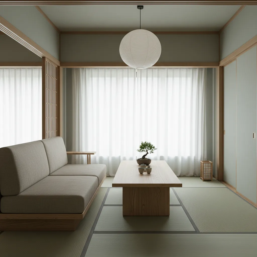Salón con sofá bajo y mesa de madera en estilo oriental