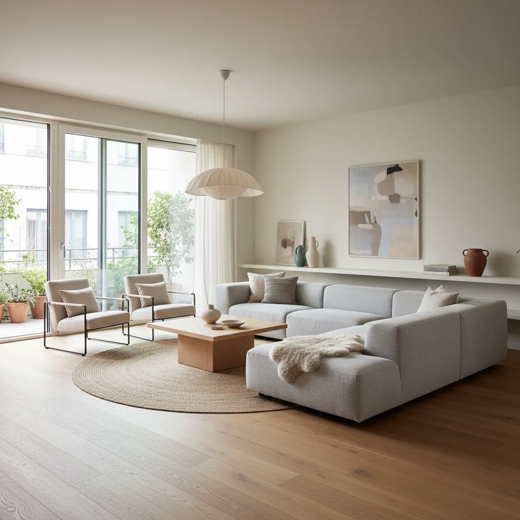 Sala moderna con sofá bajo y mesa ligera en una planta baja