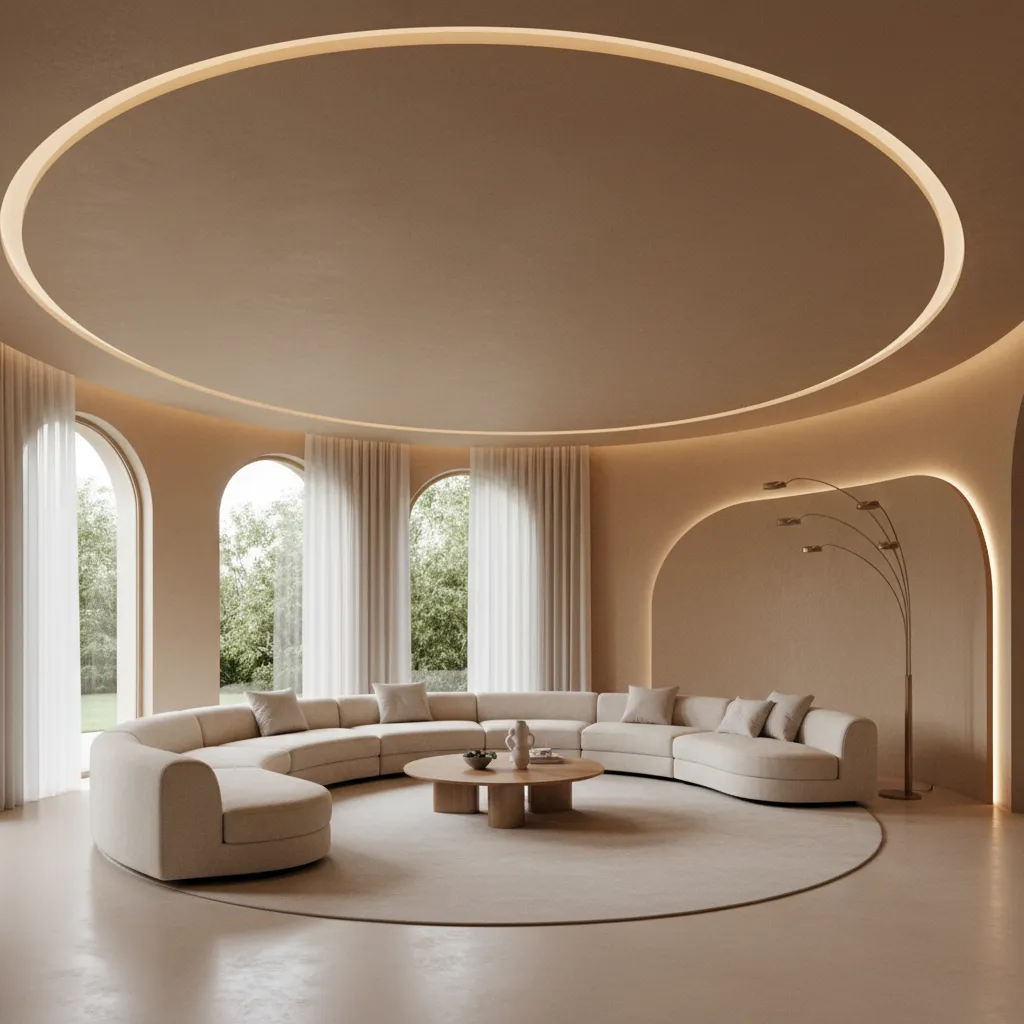 Muebles curvos adaptados a paredes circulares en una vivienda moderna