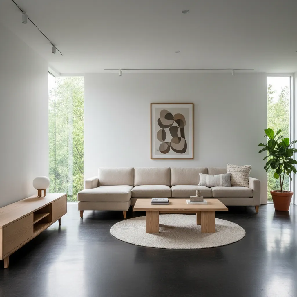 Combinación de muebles claros y suelo oscuro en sala de estar