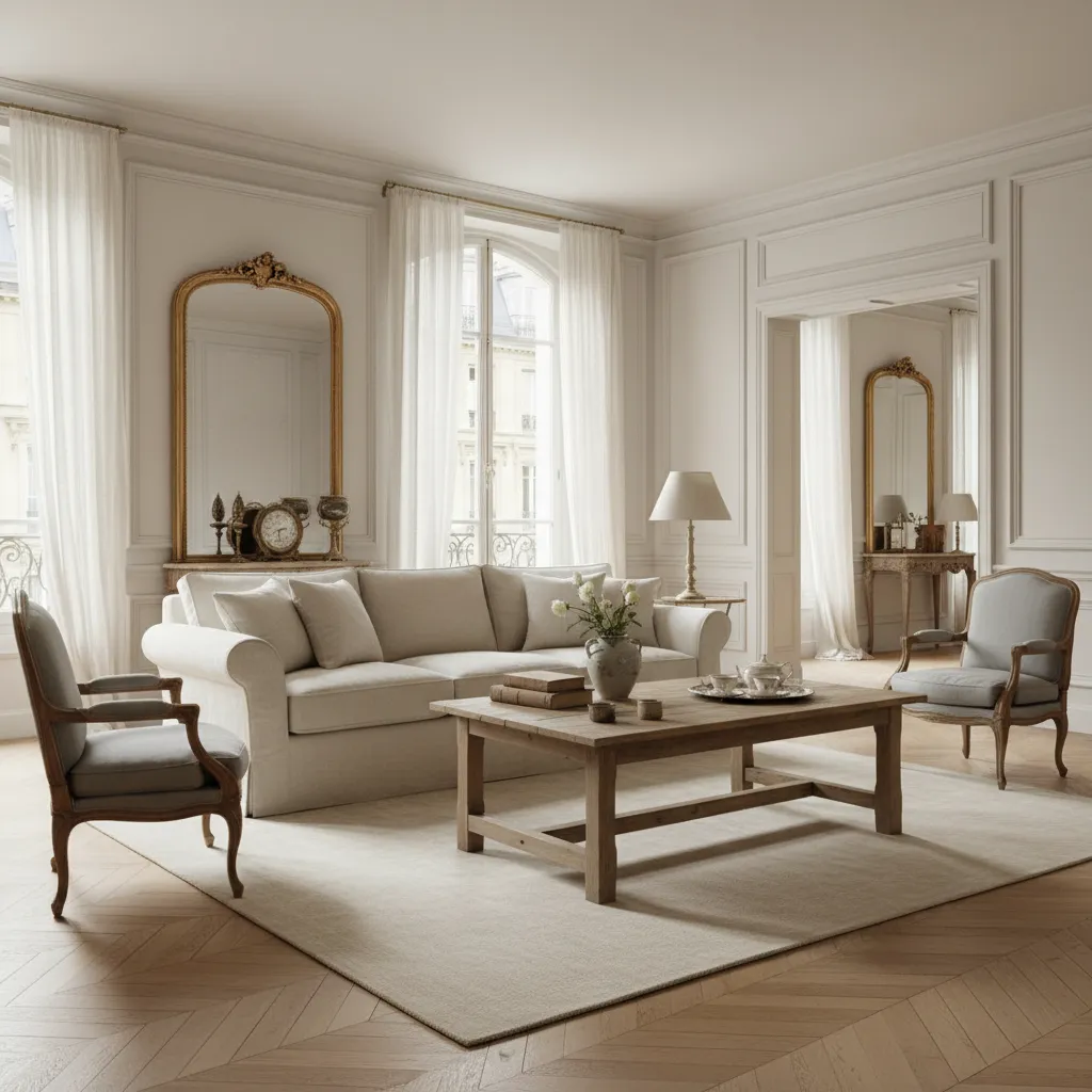 Elegant living room with beige sofa, grey armchairs, wooden coffee table, and gold wall mirror