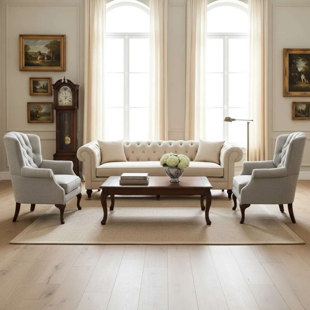 Muebles clásicos con sofá capitoné y sillones elegantes