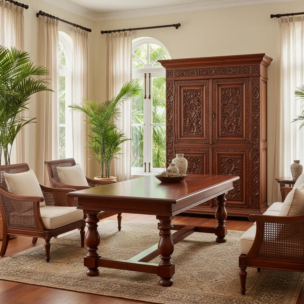 Sala con muebles coloniales de madera maciza y decoración sencilla