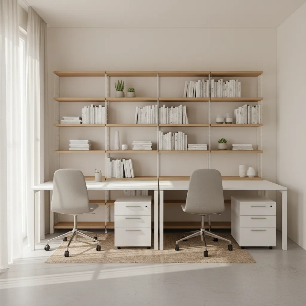Modern shared workspace with white desks grey office chairs wooden wall shelves and storage cabinets