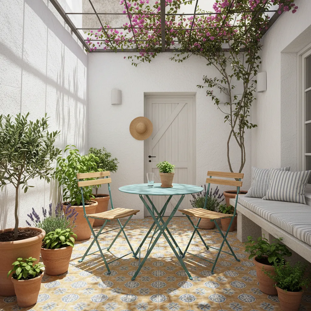 Muebles plegables en un patio interior pequeño