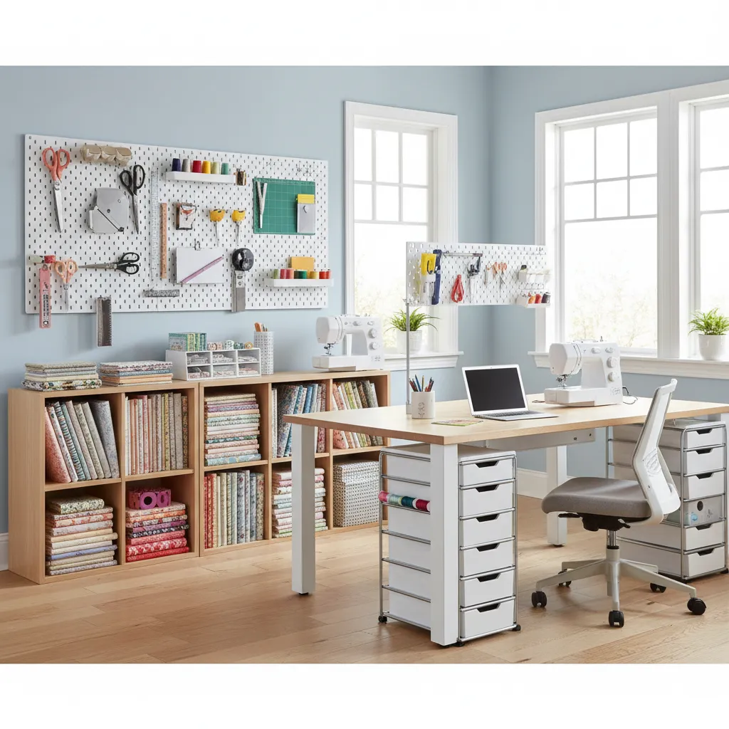 Muebles funcionales para cuarto de costura con almacenamiento de telas