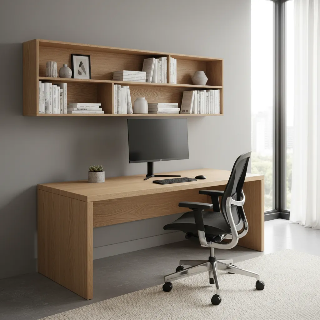 Escritorio ergonómico y estanterías en un cuarto de estudio moderno