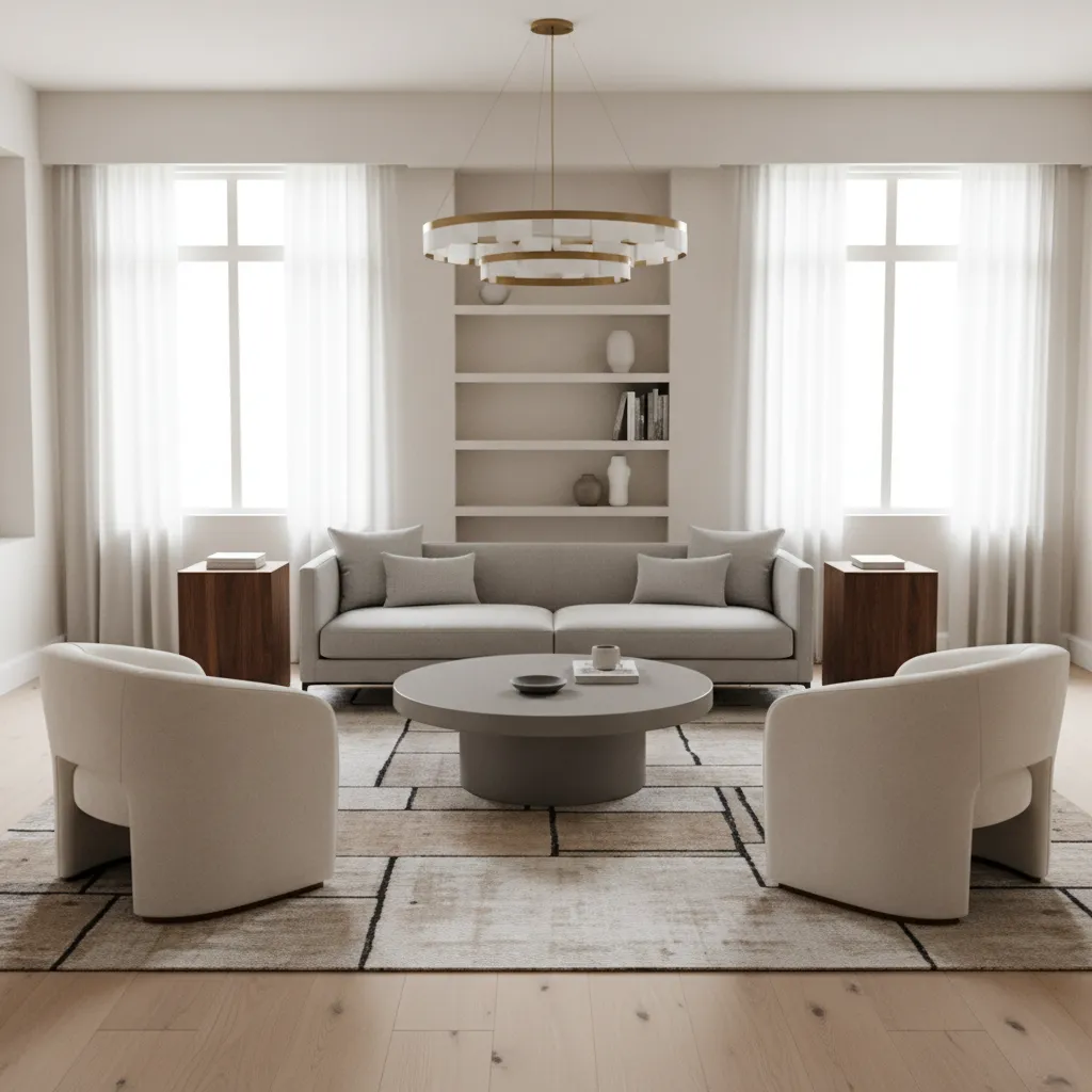 Conjunto de muebles curvos en sala de estar contemporánea