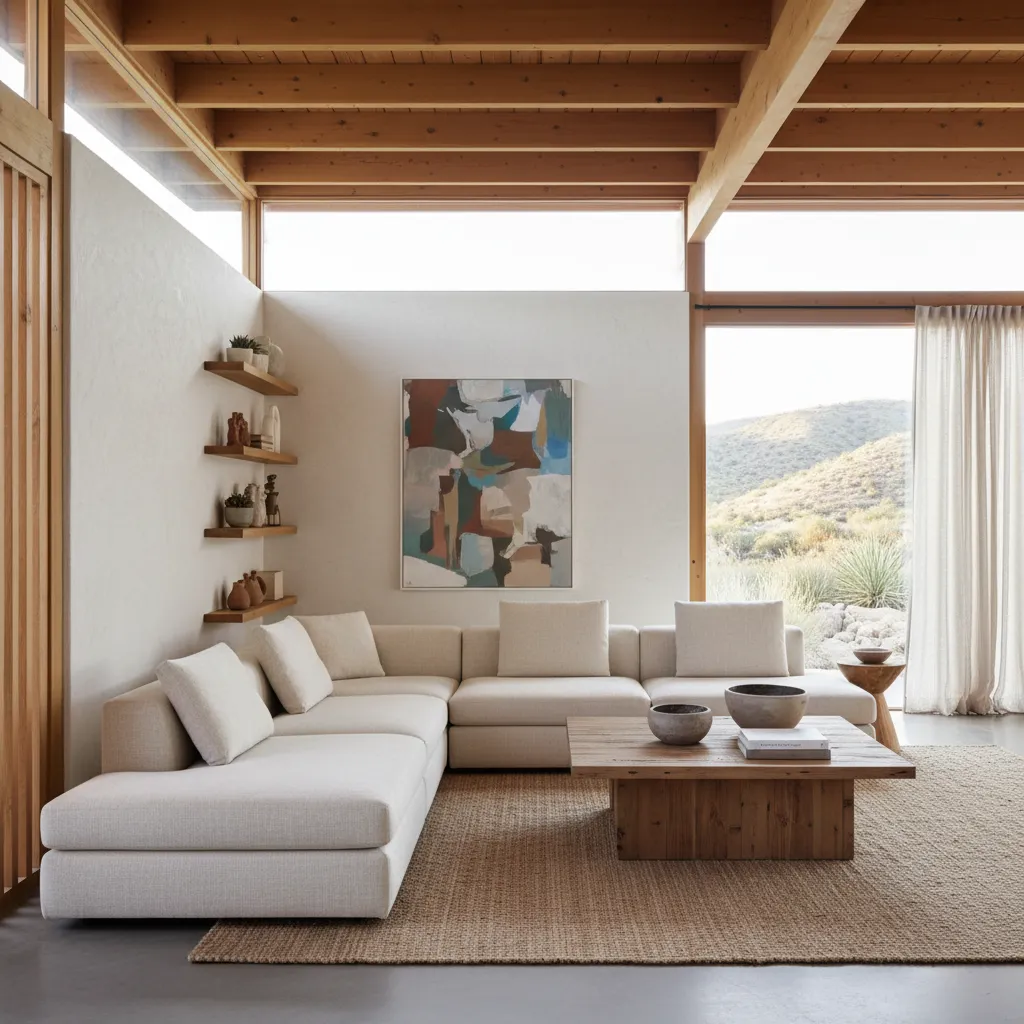 Muebles de diseño moderno en salón minimalista cálido