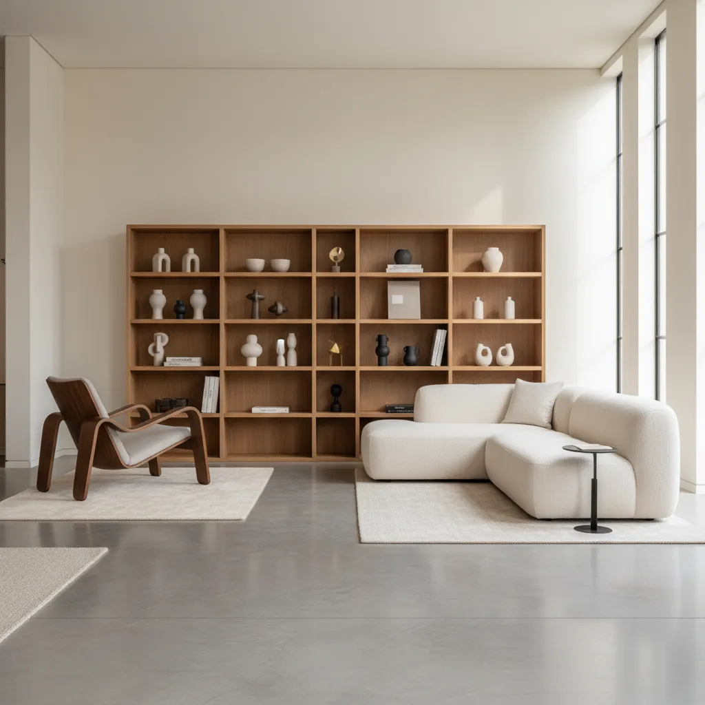 Minimalist living room featuring a large wooden bookshelf white curved sofa wooden armchair and rug
