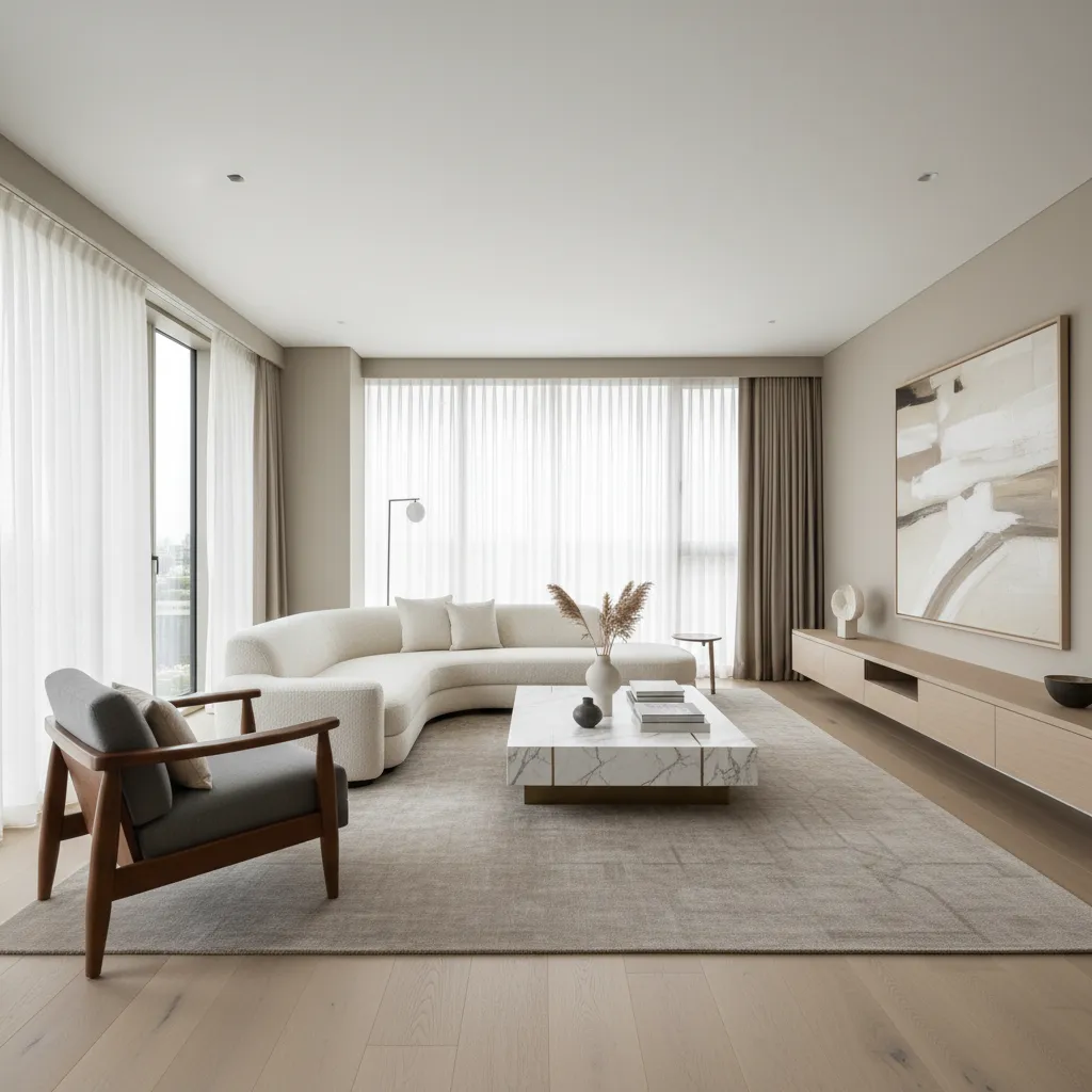 Salón moderno con sofá de diseño y butaca escultórica