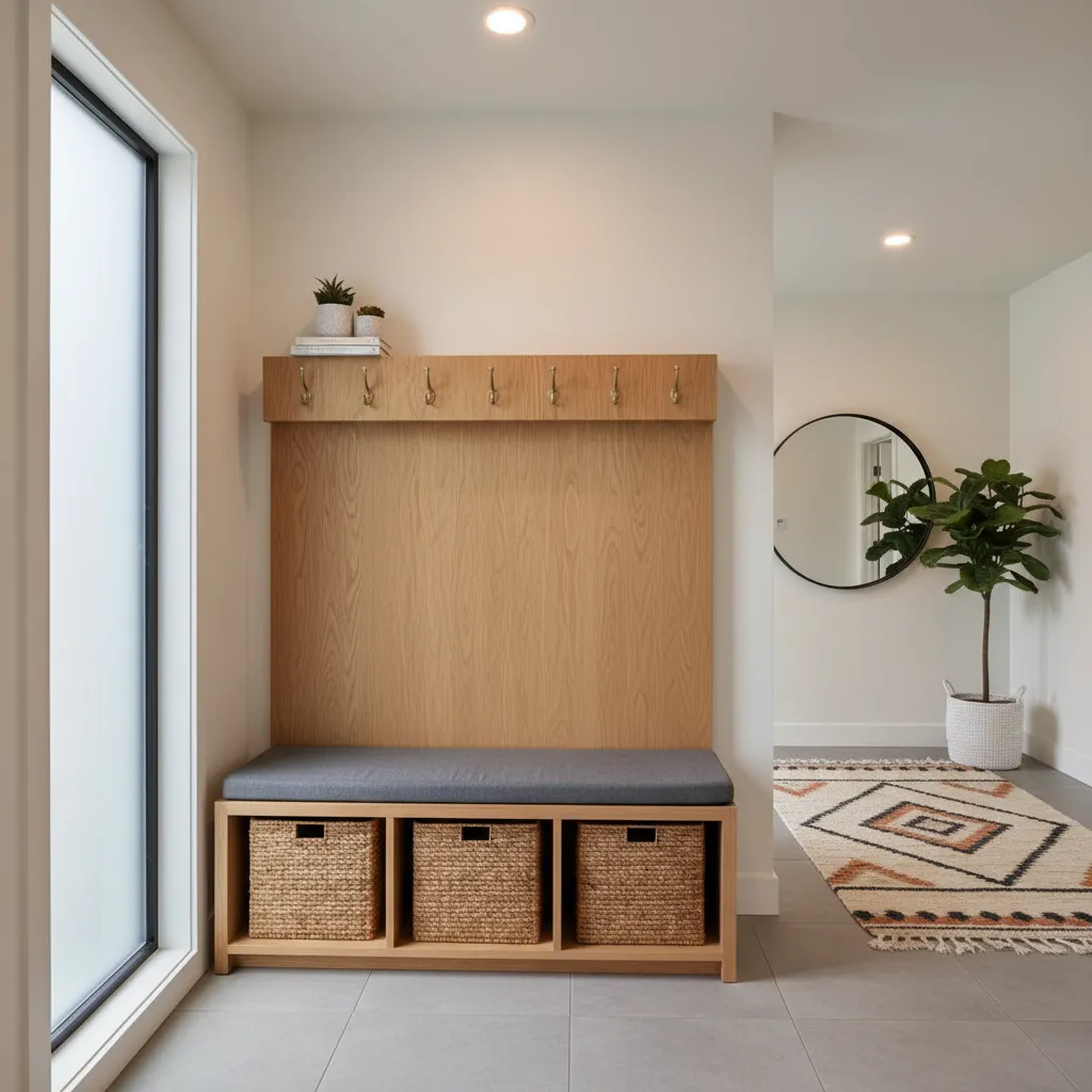 Mueble banco con almacenamiento y panel con ganchos en hall de entrada