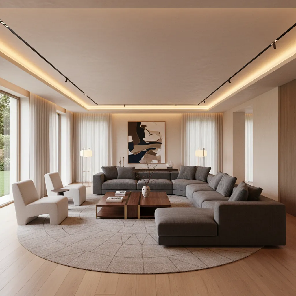 Sofá grande y mesa amplia en salón espacioso