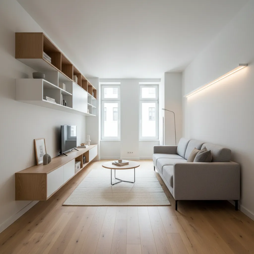 Sala moderna con muebles compactos en un espacio estrecho